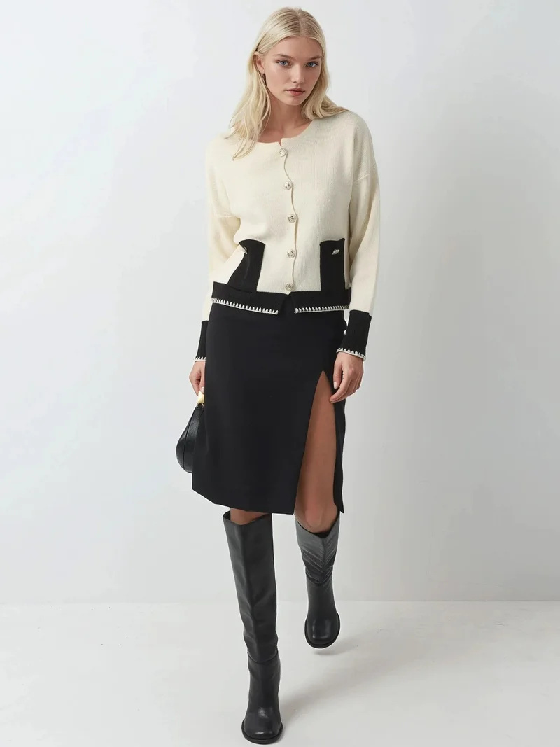 My Fashion Cream Natural MY FASHION Pocket Detailed  Knit Cardigan with Button Closure for Women | Best Price UAE