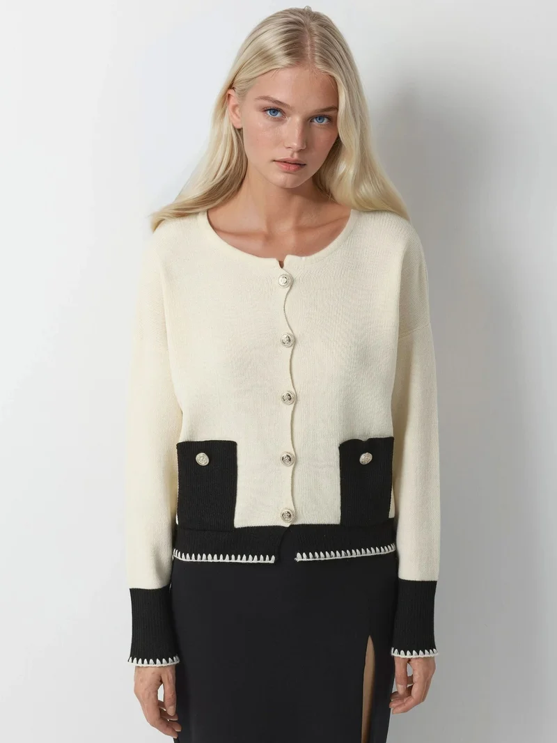 My Fashion Cream Natural MY FASHION Pocket Detailed  Knit Cardigan with Button Closure for Women | Best Price UAE