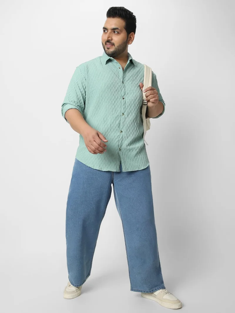 Urbano Fashion  Urbano Plus Men's Sea Green Cotton Full Sleeve Regular Fit Textured Shirt with Spread Collar  | Best Price UAE