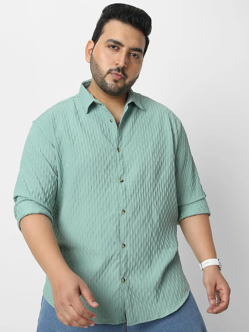 Urbano Fashion  Urbano Plus Men's Sea Green Cotton Full Sleeve Regular Fit Textured Shirt with Spread Collar  | Best Price UAE