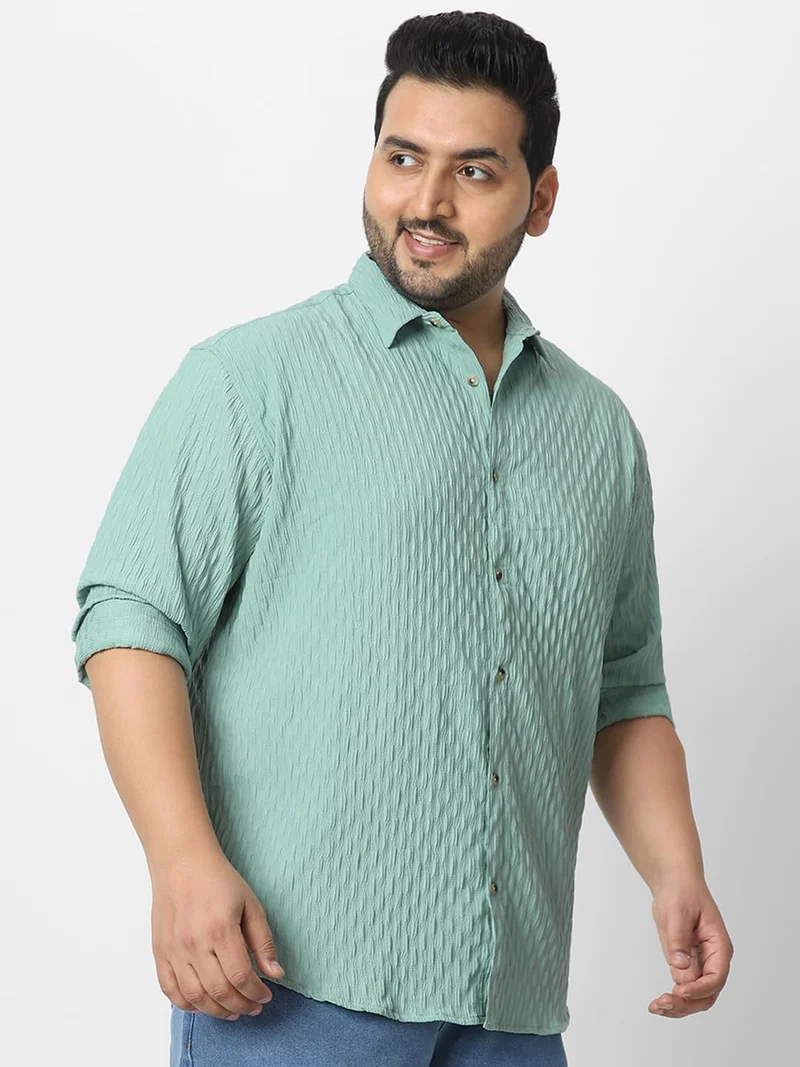 Urbano Plus Men's Sea Green Cotton Full Sleeve Regular Fit Textured Shirt with Spread Collar