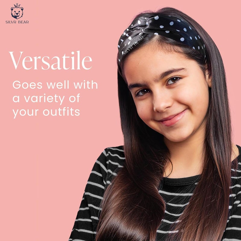Silvr Bear Luxury Satin Hairbands | Pack of 2 | Same as Pic | Aesthetic Turban Hairband Korean Style Twisted Cross Knot Head Band | Fabric Elastic Hair Band (Polka Dots Dark For Girls Age 5 to 12) - Image 4