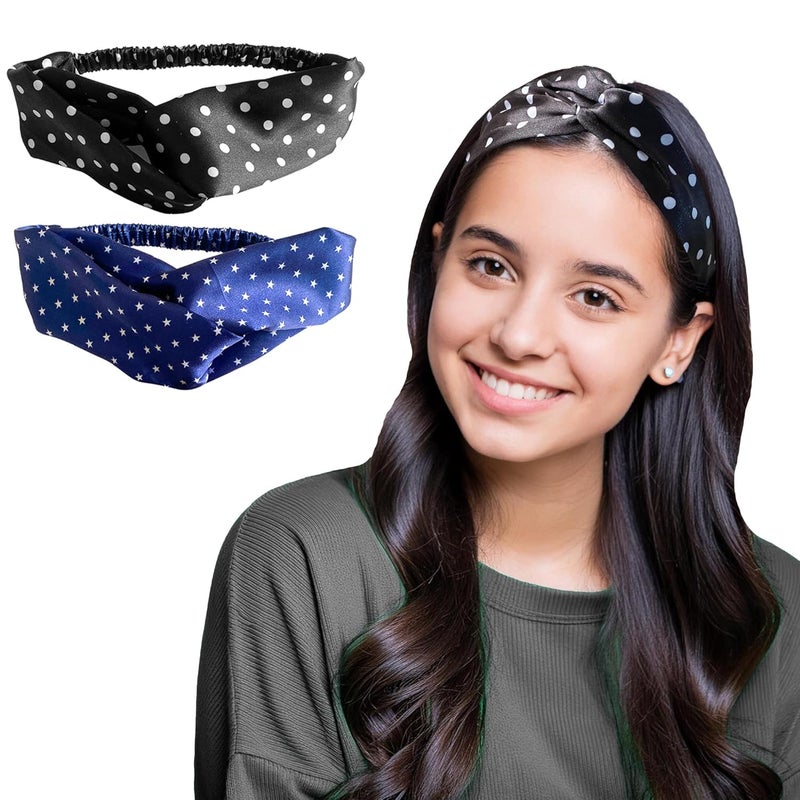 Silvr Bear Luxury Satin Hairbands | Pack of 2 | Same as Pic | Aesthetic Turban Hairband Korean Style Twisted Cross Knot Head Band | Fabric Elastic Hair Band (Polka Dots Dark For Girls Age 5 to 12) - Image 1