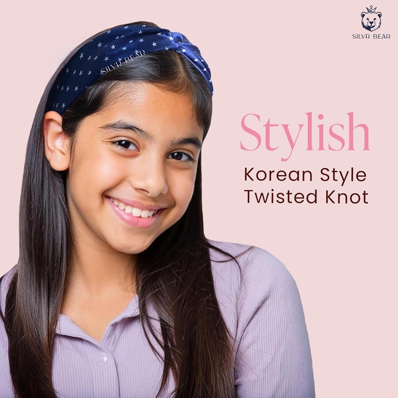 Silvr Bear Luxury Satin Hairbands | Pack of 2 | Same as Pic | Aesthetic Turban Hairband Korean Style Twisted Cross Knot Head Band | Fabric Elastic Hair Band (Polka Dots Dark For Girls Age 5 to 12) - Image 5