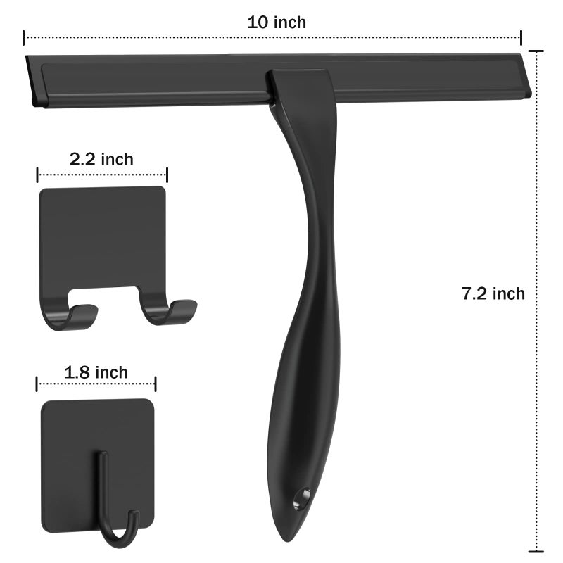 Docrok All-Purpose Stainless Steel Shower Squeegee for Shower Doors with 2 Adhesive Hooks, Bathroom Cleaner Tool Household Window Mirror Squeegee for Home Cleaning, Glass Door, Tile Wall, Car, 10 Inch Black - Image 2