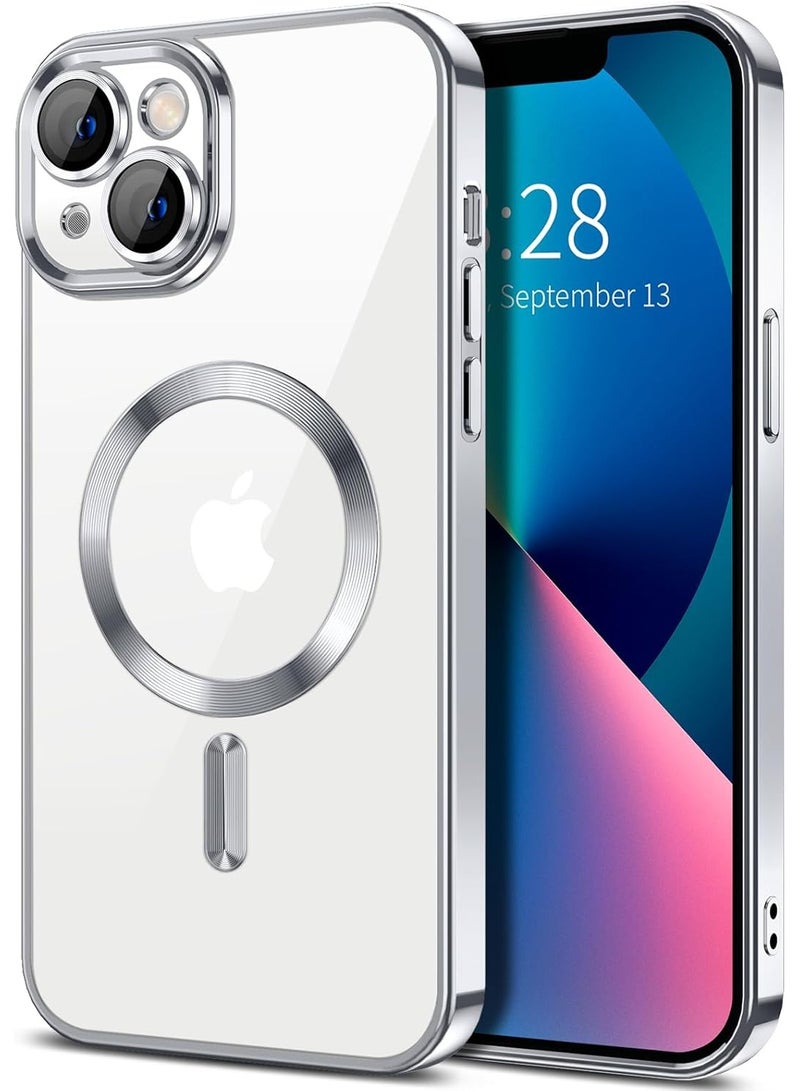 جراب مطلي بالكهرباء لهاتف iPhone 14 Plus/15 Plus، حماية كاملة لعدسة الكاميرا، متوافق مع الشحن اللاسلكي MagSafe، غطاء مغناطيسي ناعم مقاوم للصدمات من مادة TPU (فضي) - Image 1