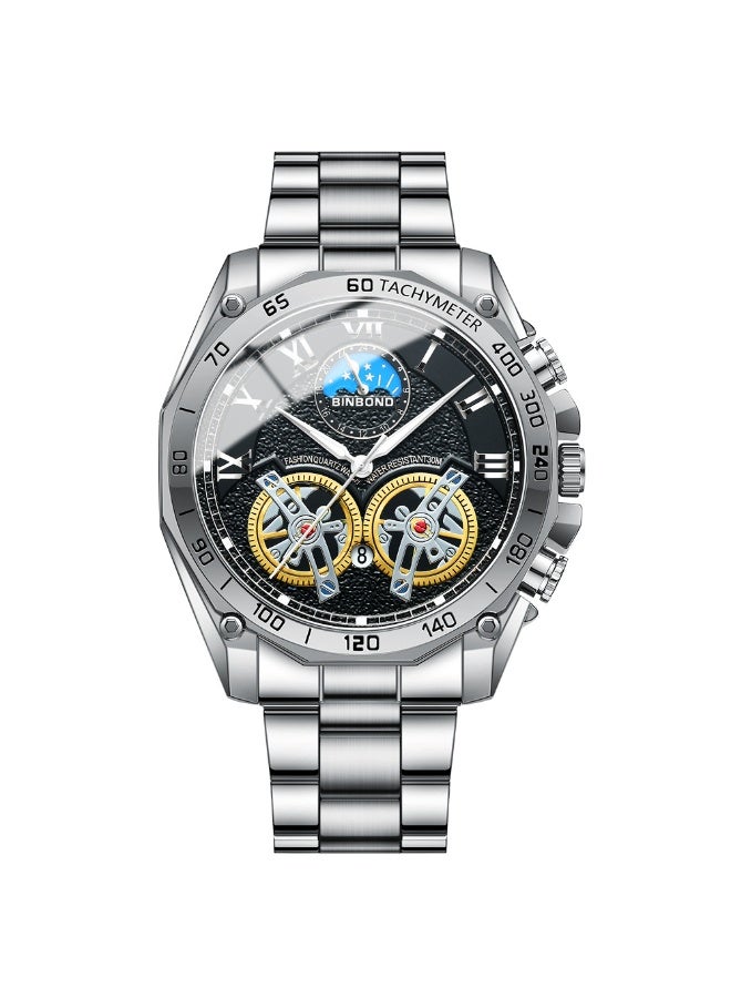 BINBOND Men's Double Tourbillon Skeleton Multi-Function Luminous Waterproof Quartz Watch - Image 1