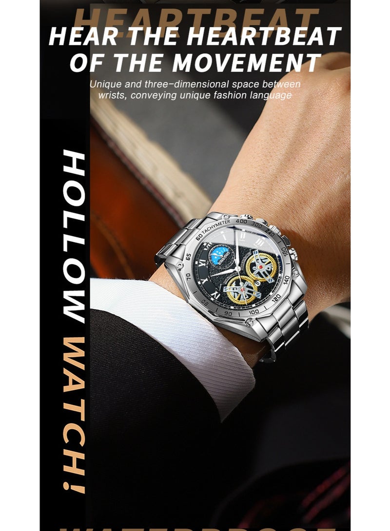 BINBOND Men's Double Tourbillon Skeleton Multi-Function Luminous Waterproof Quartz Watch - Image 3