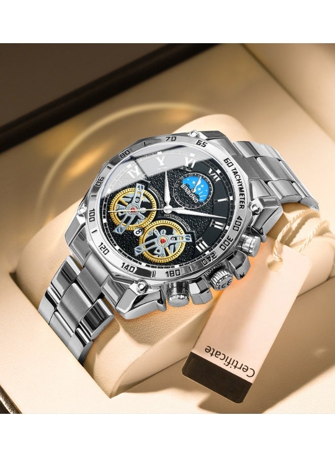 BINBOND Men's Double Tourbillon Skeleton Multi-Function Luminous Waterproof Quartz Watch - Image 2