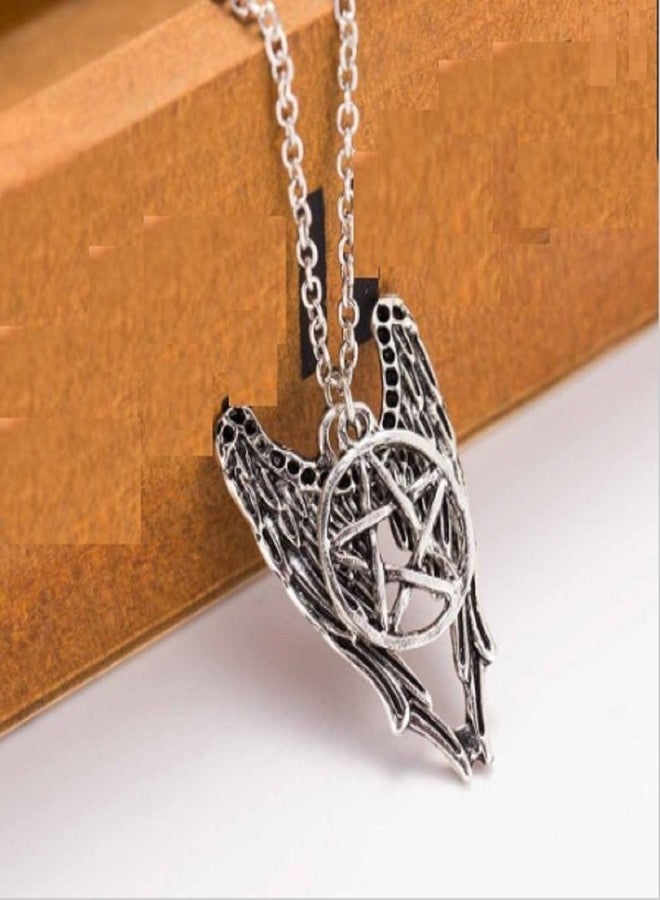 ITS Supernatural Pentagram Angel Wing Pendant Silver Chain Necklace - Image 2