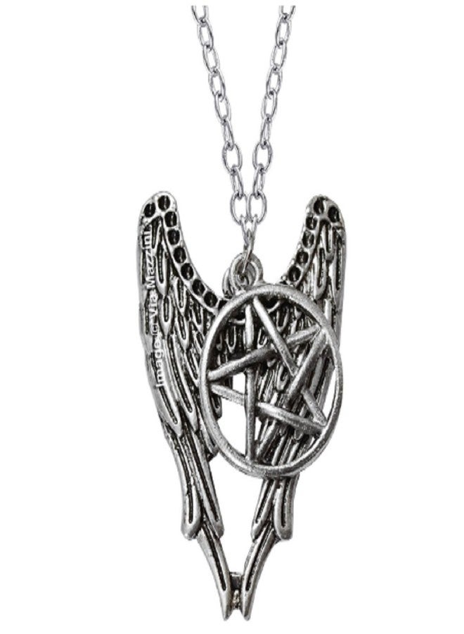ITS Supernatural Pentagram Angel Wing Pendant Silver Chain Necklace - Image 1