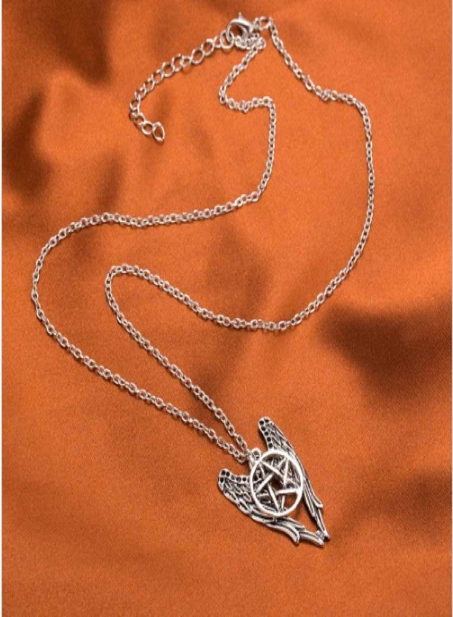 ITS Supernatural Pentagram Angel Wing Pendant Silver Chain Necklace - Image 3