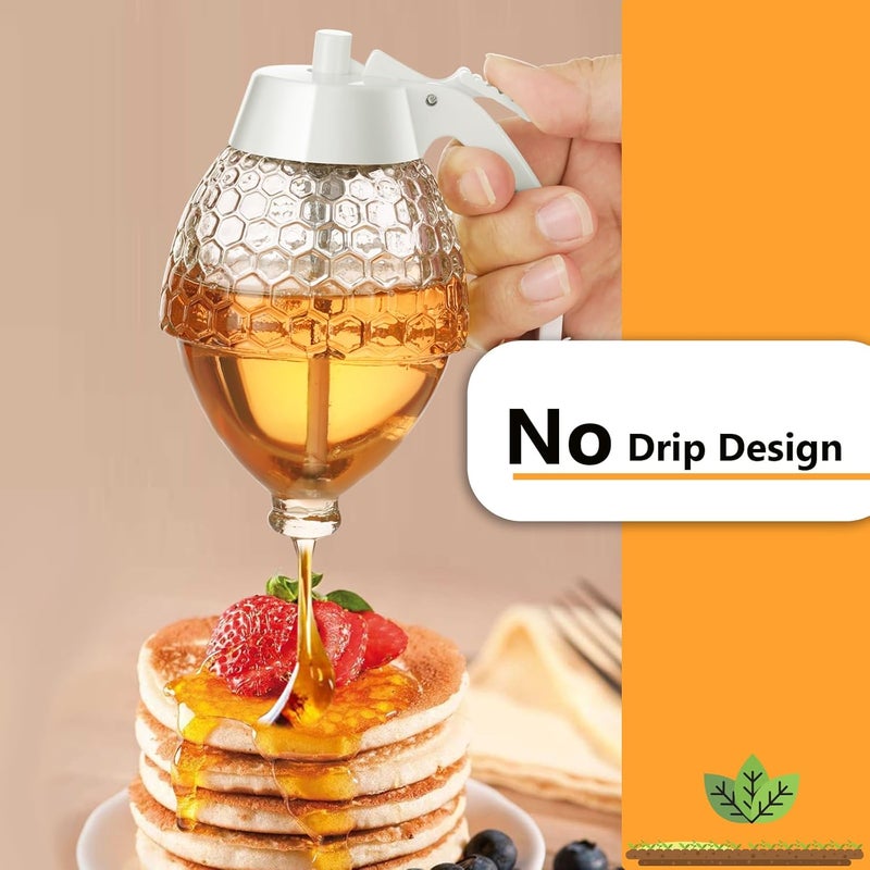 Timtopno Honey Dispenser, 8oz Honey Dispenser No Drip Glass with Stand, Honey Container & Coffee Syrup Dispenser for Tea Time & Gifting, Elegant Honeycomb Honey Jar - Honey Pot Bottle for Maple Syrup Bee - Image 2