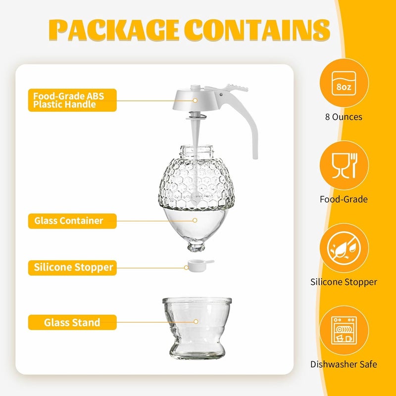 Timtopno Honey Dispenser, 8oz Honey Dispenser No Drip Glass with Stand, Honey Container & Coffee Syrup Dispenser for Tea Time & Gifting, Elegant Honeycomb Honey Jar - Honey Pot Bottle for Maple Syrup Bee - Image 3