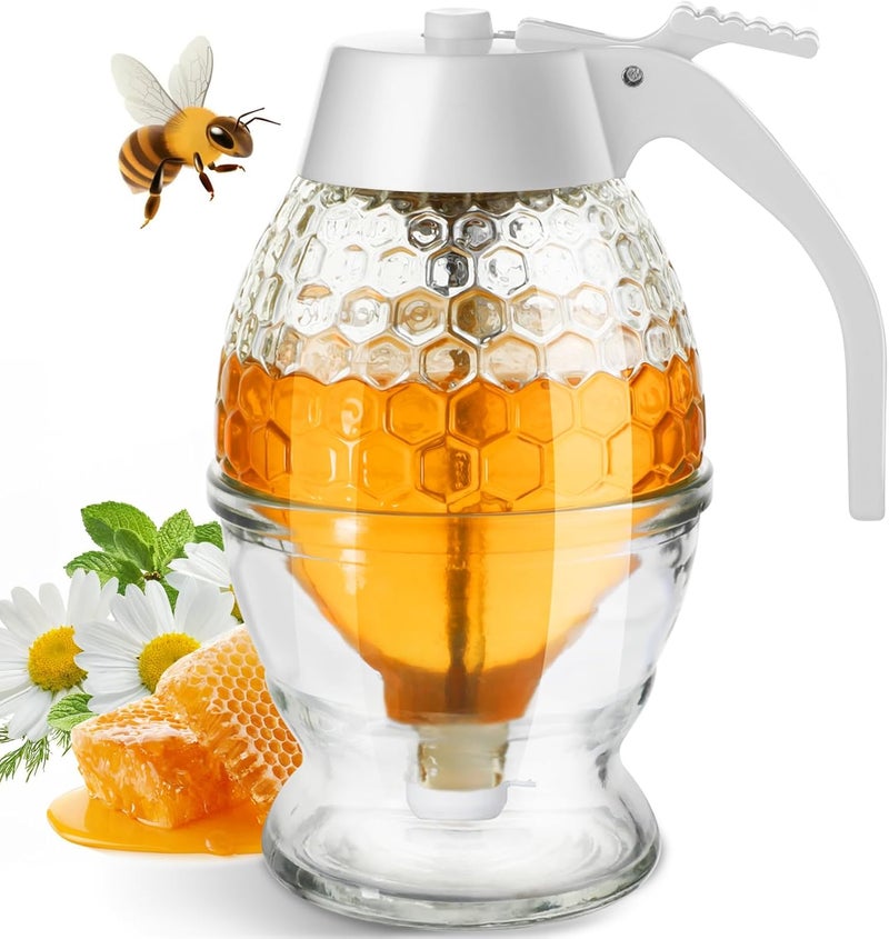 Timtopno Honey Dispenser, 8oz Honey Dispenser No Drip Glass with Stand, Honey Container & Coffee Syrup Dispenser for Tea Time & Gifting, Elegant Honeycomb Honey Jar - Honey Pot Bottle for Maple Syrup Bee - Image 1