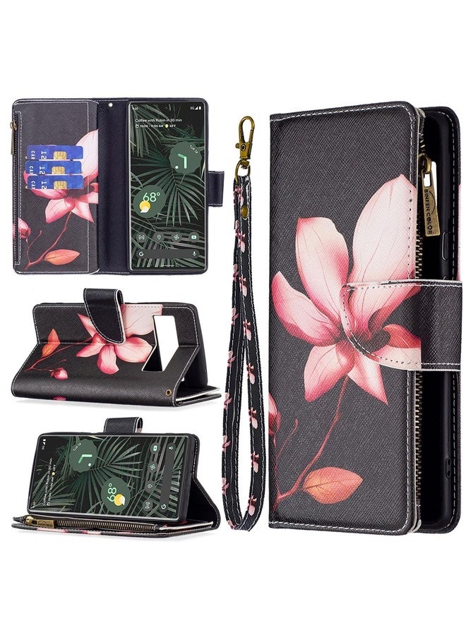 HuHa Case Cover For Google Pixel 6 Pro Colored Drawing Pattern Zipper Horizontal Flip Phone Leather Case with Holder & Card Slots & Wallet(Lotus)  - Image 1