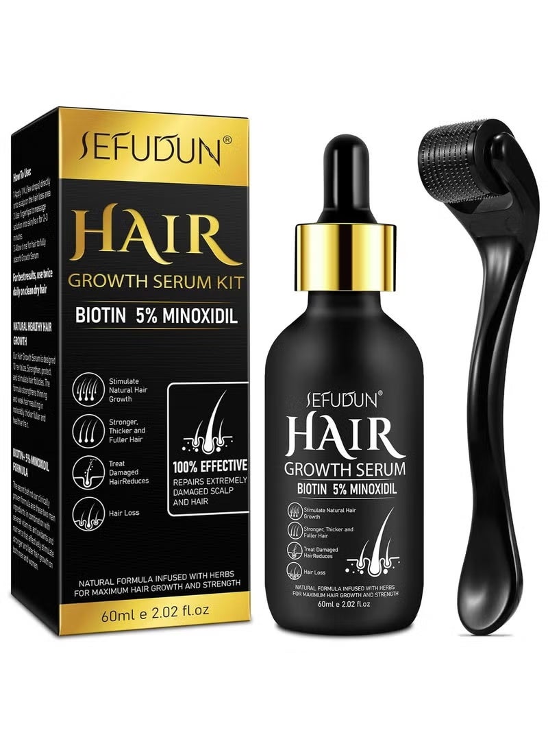 Sefudun 5% Minoxidil Hair Growth Serum Kit With Derma Roller,Minoxidil For Men and Women Hair Beard,2.02 oz Biotin Regrowth Serum Treatment For Getting Thicker Healthier Hair - Image 1
