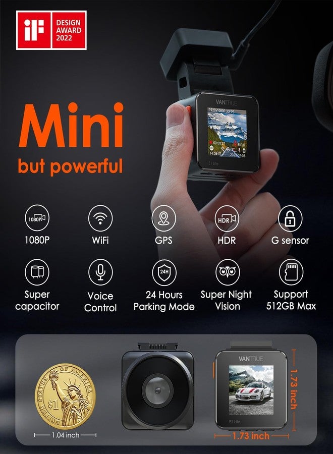 Vantrue E1 Lite 1080P WiFi Mini Dash Cam with GPS and Speed, Free App, Voice Control Detachable Dash Camera, 24 Hours Parking Mode, Night Vision, Motion Detection, Loop Recording, Support 512GB Max - Image 2