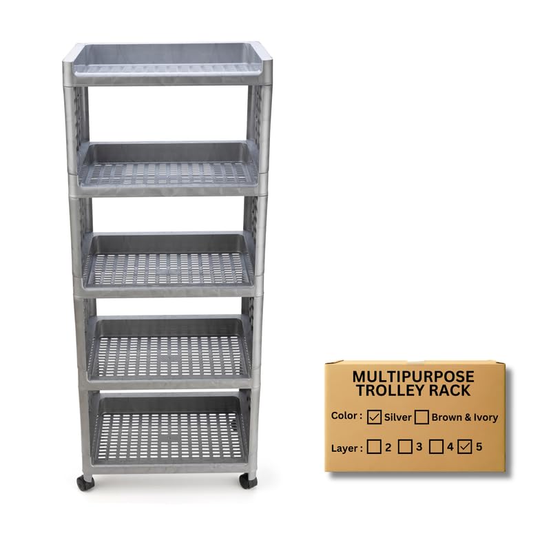 Biltoxi MultiPurpose Trolley Rolling Storage Rack Plastic Storage Cart Wheeled Organizer Stand Ideal for kitchen office and bathroom organization 5 Layer Silver - Image 1