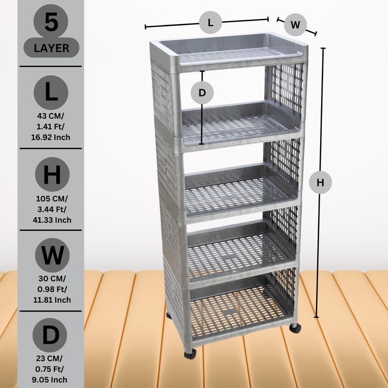 Biltoxi MultiPurpose Trolley Rolling Storage Rack Plastic Storage Cart Wheeled Organizer Stand Ideal for kitchen office and bathroom organization 5 Layer Silver - Image 2