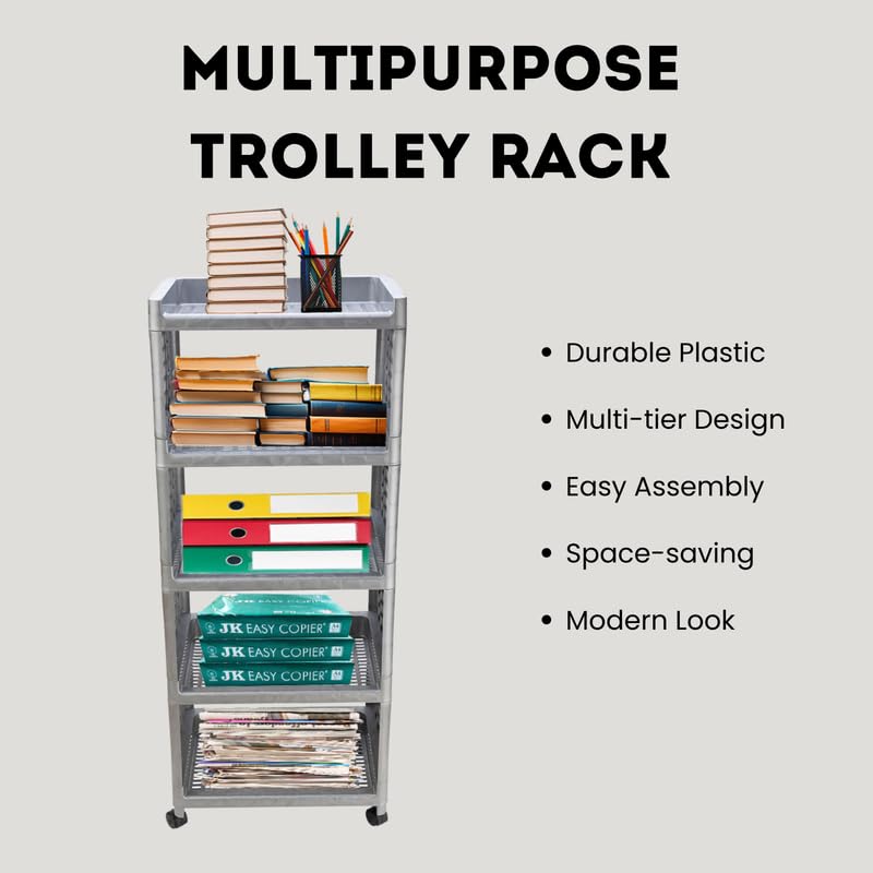 Biltoxi MultiPurpose Trolley Rolling Storage Rack Plastic Storage Cart Wheeled Organizer Stand Ideal for kitchen office and bathroom organization 5 Layer Silver - Image 4