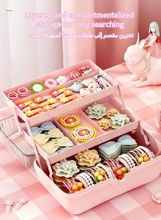 Vixplorn Cute girl's bow-shaped hair accessories storage box, three-layer foldable large-capacity jewelry box with lid, suitable for girl's headbands, hairpins, ties and other baby products, suitable as a gift for girls on birthdays, Christmas, Eid al-Adha, the start of the school season and other festivals, pink - Image 4