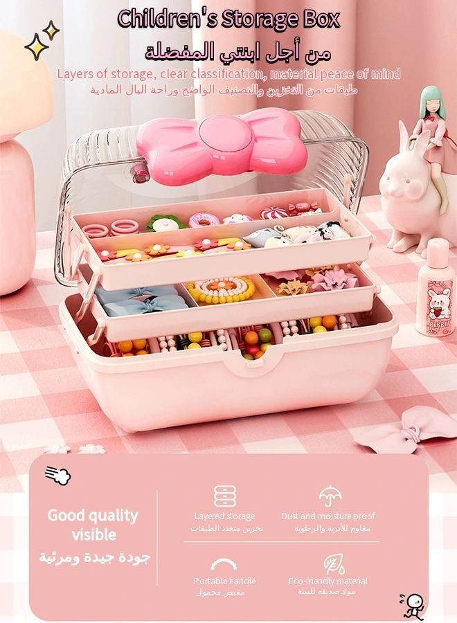Vixplorn Cute girl's bow-shaped hair accessories storage box, three-layer foldable large-capacity jewelry box with lid, suitable for girl's headbands, hairpins, ties and other baby products, suitable as a gift for girls on birthdays, Christmas, Eid al-Adha, the start of the school season and other festivals, pink - Image 2