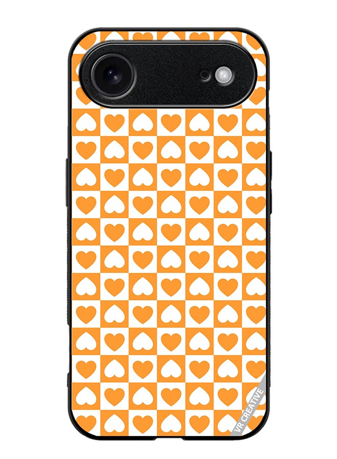 Protective Case Cover For Apple iPhone 17 Air Seamless Pattern With White And Orange Checkerboard And Hearts Design Multicolour