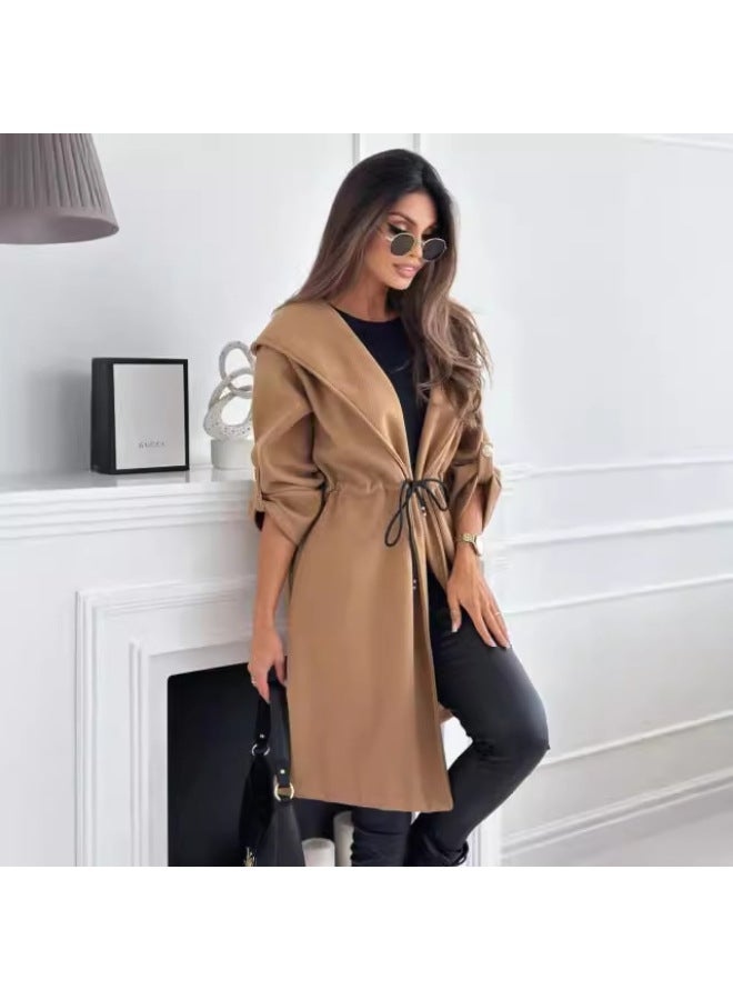 Europe And The United States Fashion Strap Hooded Lapel Women's Woolen Long Sleeve Autumn And Winter New Coat
