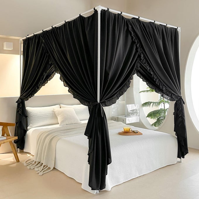 PRINCESS CANOPY BED CURTAINS WITH TOP TIES WINDPROOF LIGHTPROOF FOR GIRLS ADULT BEDROOM DECOR BED CANOPY DRAPES QUEENBLACK