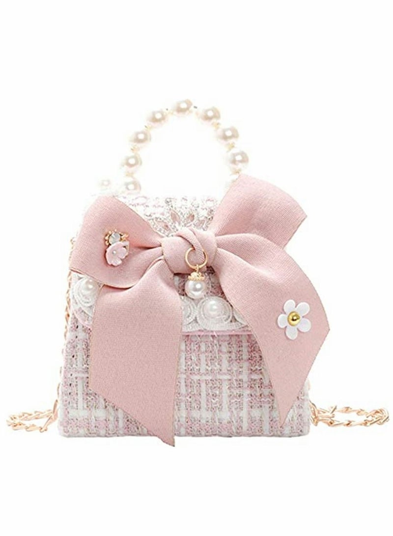 SYOSI Girls Handbags, Little Girls Bowknot Purse, with Pearl Chain, Cute Princess Handbags Pink Shoulder Bag, Mini Messenger Bag, for Kids - Image 1