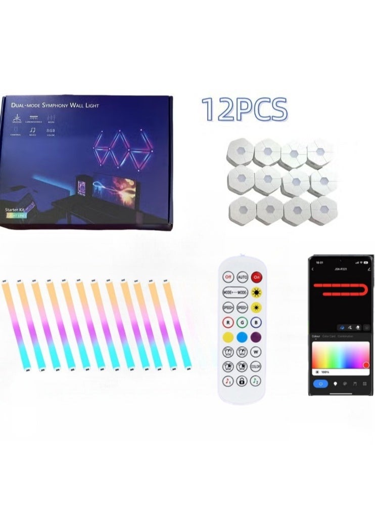 Milatech - 12 LED Light Lines Smart WiFi Tuya LED, Wall Light Color Dimmable Smart Music Sync Rhythm APP Smart Control RGB Mood Light for Game Room Home Wall Decor Light Strip Kit(UK plug) - Image 1