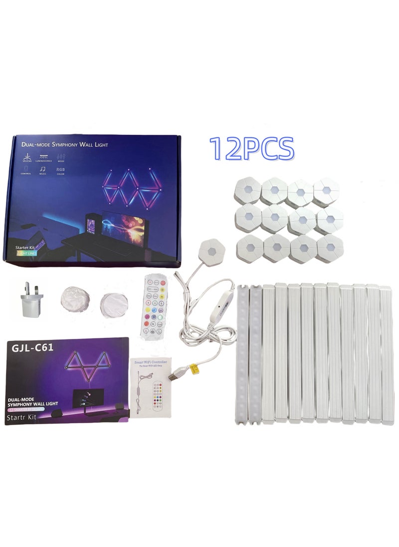 Milatech - 12 LED Light Lines Smart WiFi Tuya LED, Wall Light Color Dimmable Smart Music Sync Rhythm APP Smart Control RGB Mood Light for Game Room Home Wall Decor Light Strip Kit(UK plug) - Image 1