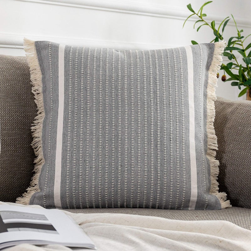 OJIA Modern Throw Pillow Cover with Tassels Decorative Liana Fringe Accent Cushion Case Farmhouse Woven Pillowcase for Sofa Chair Couch Bed Decor Lumbar 18 x 18 Inches Grey