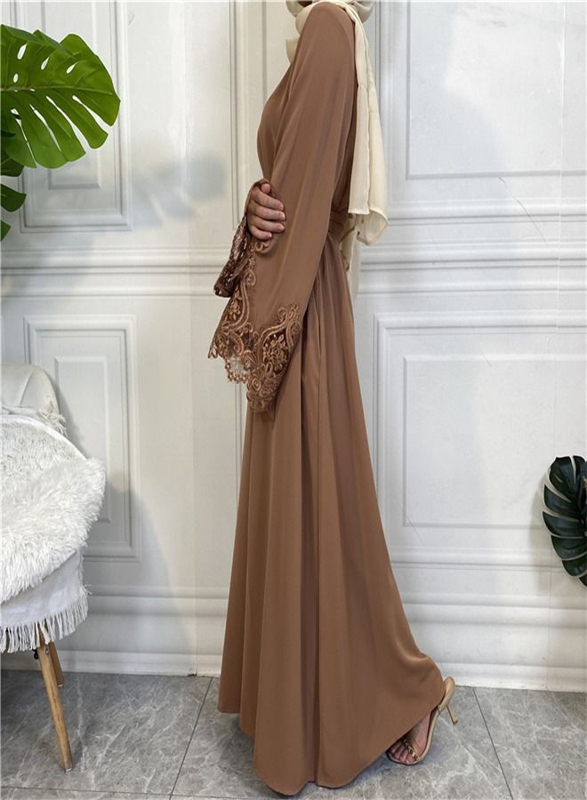 Loquat Women's Solid Color Lace Zippered Dress Abaya Brown  - Image 2