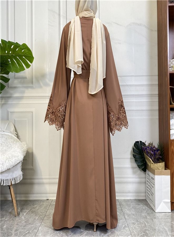 Loquat Women's Solid Color Lace Zippered Dress Abaya Brown  - Image 3