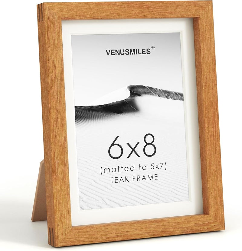Venusmiles إطار صور 6x8 بوصة، خشب تيك طبيعي من الولايات المتحدة، إطار صور مجمّع مع زجاج مقسّى عالي الوضوح، إطار خشبي بسيط حديث 6x8 مع حافة داخلية مقاس 5x7، إطارات جدارية للفن، عرض على الحائط أو الطاولة - Image 1