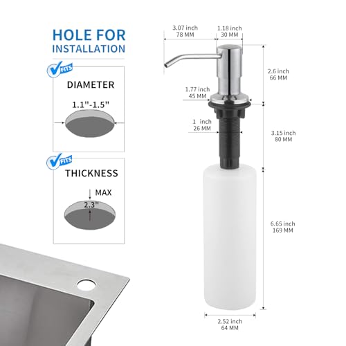 DOILIESE Built in Soap Dispenser for Kitchen Sink, Chrome Stainless Steel Countertop Pump Head (Plastic Inside), Dish Soap Hand Lotion Dispenser with Refillable 17OZ Bottle - Image 2