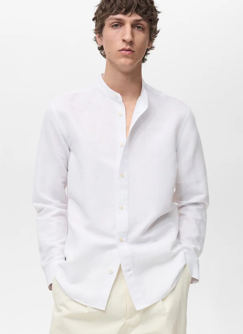 Mango Man Casual Mao Collar Linen Shirt