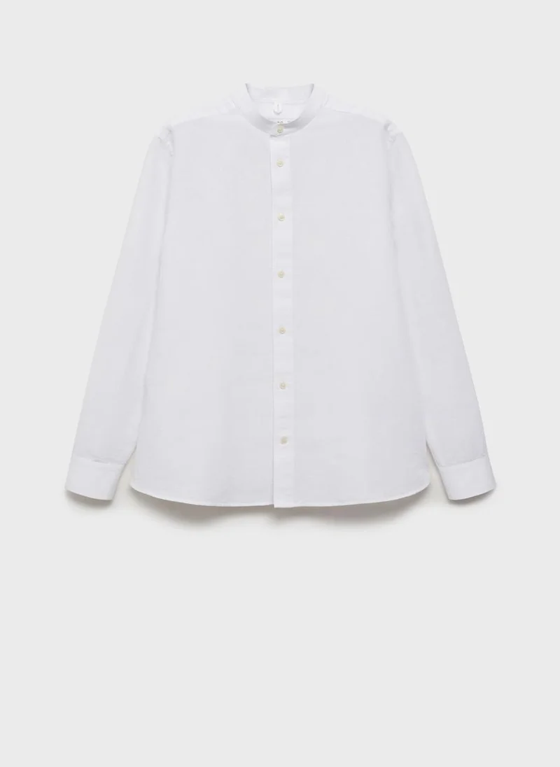 Mango Man Casual Mao Collar Linen Shirt