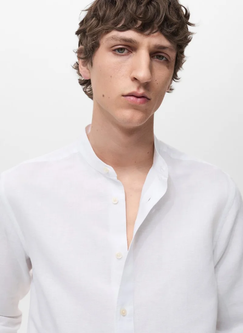 Mango Man Casual Mao Collar Linen Shirt