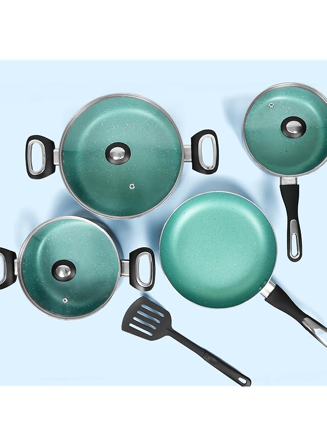 إمبكس طقم أواني طهي من الألومنيوم غير لاصق، 8 قطع، مطلي بطبقة من الجرانيت الفاخر، 2 قدر مع غطاء من الزجاج المقوى، قدر حليب مع غطاء، مقلاة وملعقة مسطحة، متوافق مع مواقد الحث والغاز، ضمان لمدة عامين - Image 4
