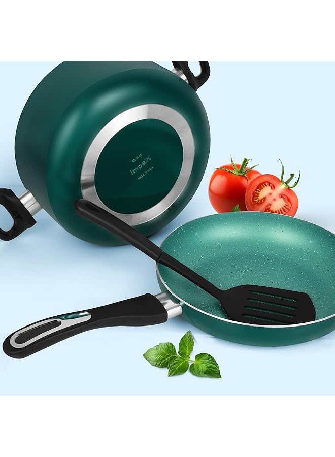 إمبكس طقم أواني طهي من الألومنيوم غير لاصق، 8 قطع، مطلي بطبقة من الجرانيت الفاخر، 2 قدر مع غطاء من الزجاج المقوى، قدر حليب مع غطاء، مقلاة وملعقة مسطحة، متوافق مع مواقد الحث والغاز، ضمان لمدة عامين - Image 3