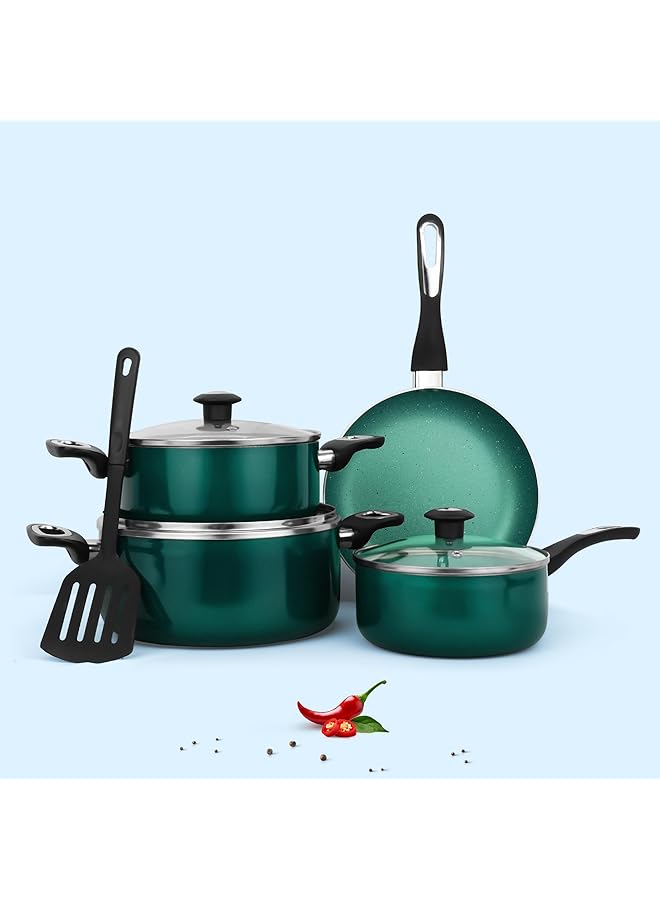 إمبكس طقم أواني طهي من الألومنيوم غير لاصق، 8 قطع، مطلي بطبقة من الجرانيت الفاخر، 2 قدر مع غطاء من الزجاج المقوى، قدر حليب مع غطاء، مقلاة وملعقة مسطحة، متوافق مع مواقد الحث والغاز، ضمان لمدة عامين - Image 1