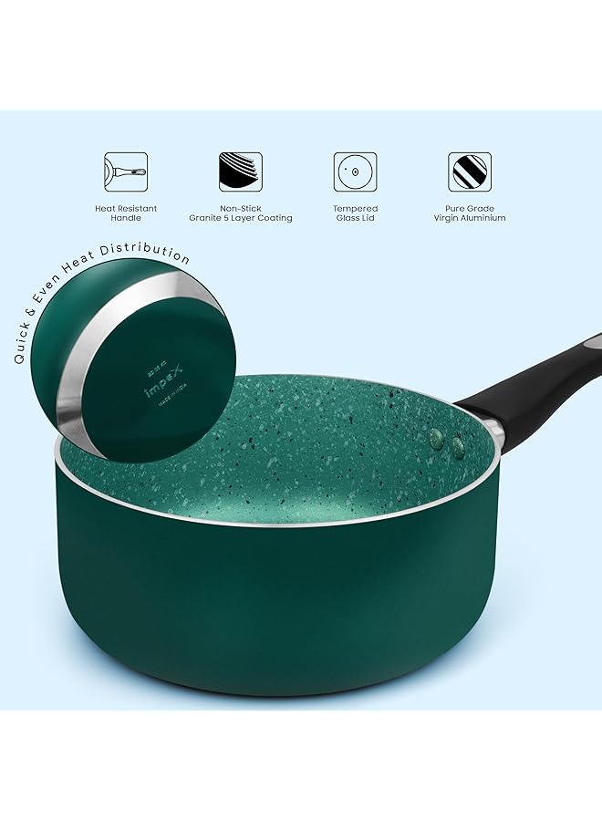 إمبكس طقم أواني طهي من الألومنيوم غير لاصق، 8 قطع، مطلي بطبقة من الجرانيت الفاخر، 2 قدر مع غطاء من الزجاج المقوى، قدر حليب مع غطاء، مقلاة وملعقة مسطحة، متوافق مع مواقد الحث والغاز، ضمان لمدة عامين - Image 5