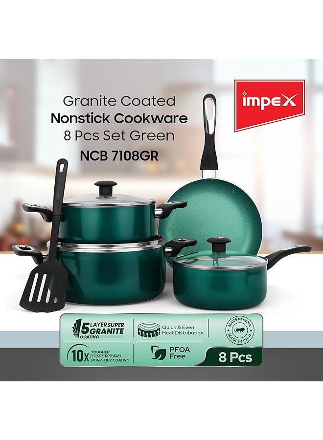 إمبكس طقم أواني طهي من الألومنيوم غير لاصق، 8 قطع، مطلي بطبقة من الجرانيت الفاخر، 2 قدر مع غطاء من الزجاج المقوى، قدر حليب مع غطاء، مقلاة وملعقة مسطحة، متوافق مع مواقد الحث والغاز، ضمان لمدة عامين - Image 2