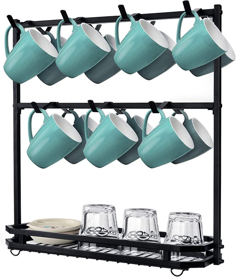 Indian Decor 38546 Large Coffee Mug Holder Stand Countertop for 14 Mugs, 2 Tier Counter Mug Display Storage, Metal Wire Tea Cup Holder for Kitchen Organizer, Not Included Mugs, Tiered Shelf  - Image 1
