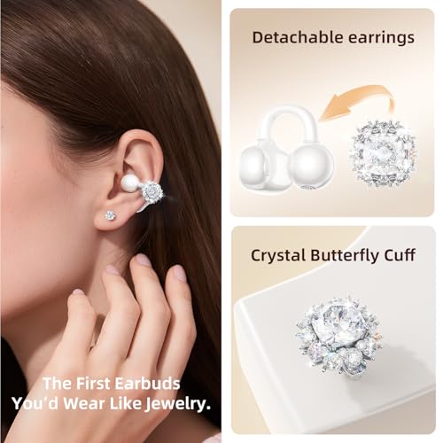 Kinglucky Jewelry-Inspired Clip-On Earbuds with Diamond Earrings, Comfortable Fit & 40H Playtime Open Ear Bluetooth 5.4 Wireless Headphones for Women, Small Ears, Sports & Workouts (White) - Image 2