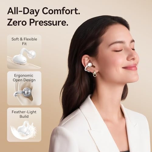 Kinglucky Jewelry-Inspired Clip-On Earbuds with Diamond Earrings, Comfortable Fit & 40H Playtime Open Ear Bluetooth 5.4 Wireless Headphones for Women, Small Ears, Sports & Workouts (White) - Image 3