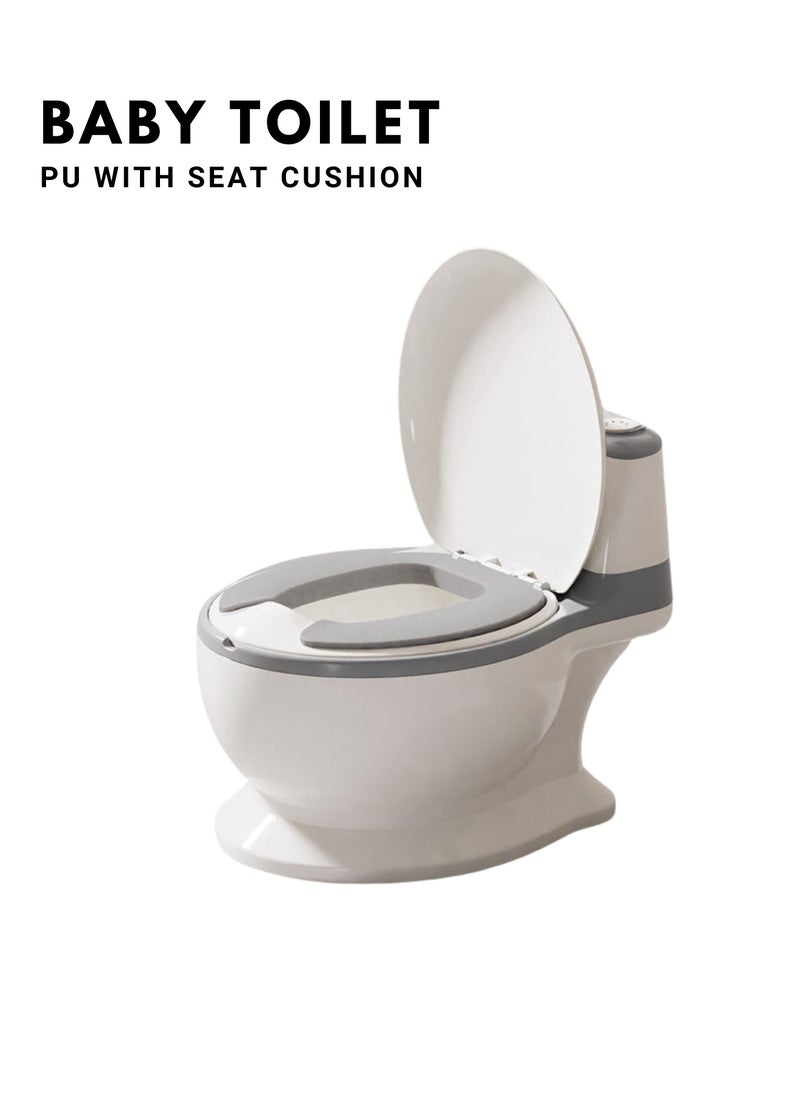 Moms Magic Baby Toilet PU with Seat Cushion – Artificial Potty with Flush Option, Tissue Holder, PVC/PU Cushions for Comfortable Potty Training – Grey  - Image 1